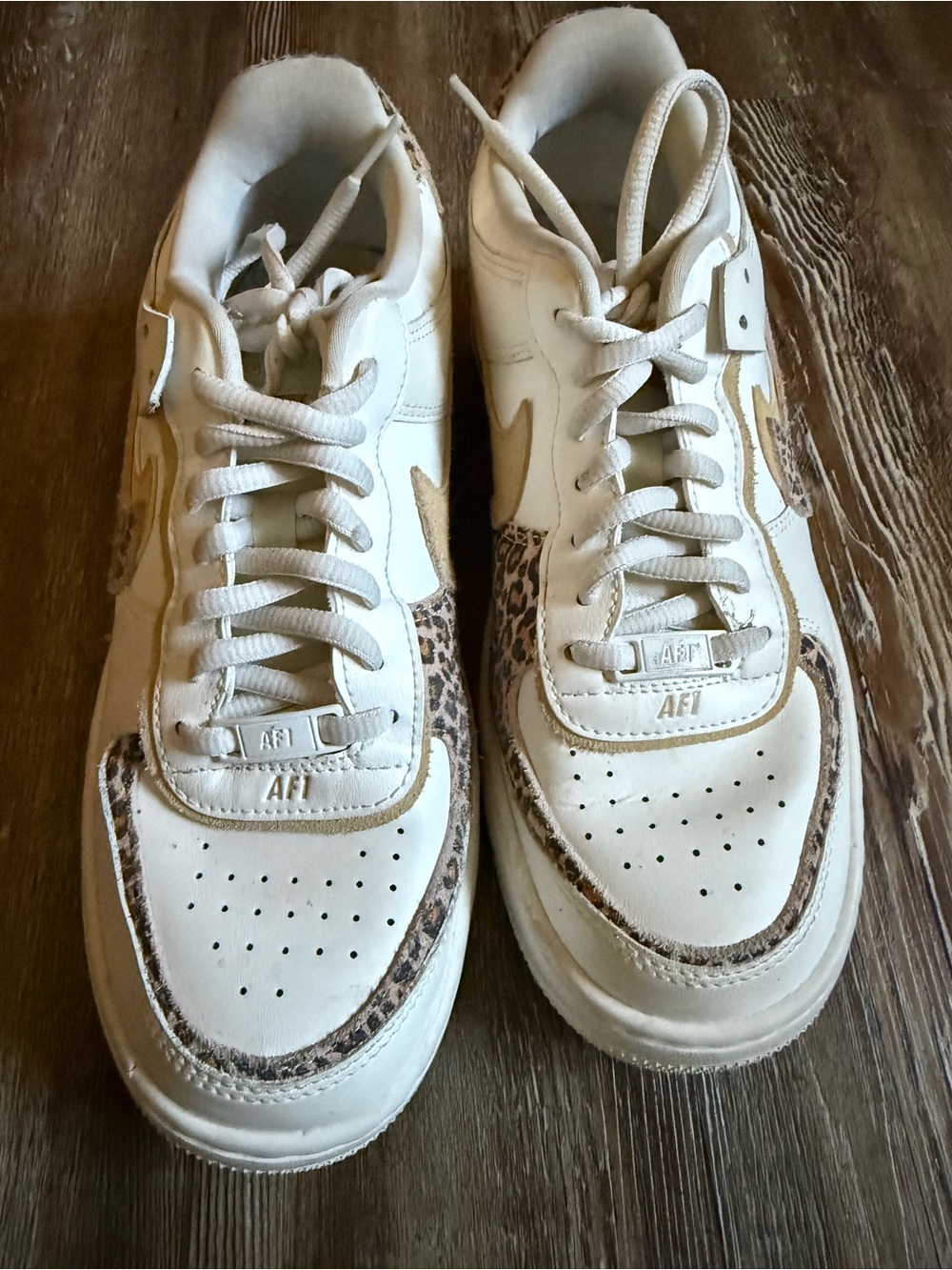 Women's Nike Airforce1 White Leather Sneakers with Leopard Accents